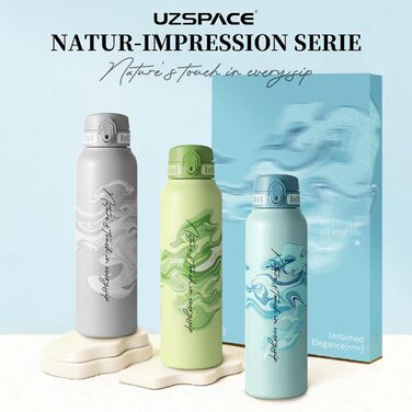 Термос-пляшка UZSPACE 1л (970мл) з нержавіючої сталі, ізольована, 1-click відкривання, не протікає, для спорту, туризму, фітнесу, тренажерного залу, на відкритий простір, колір: лісовий зелений