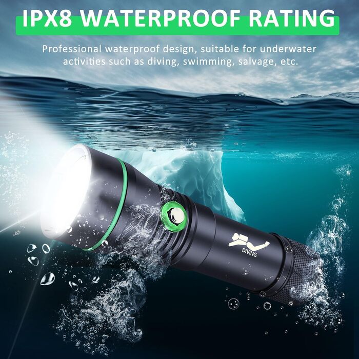 Ліхтарик підводний LED XLENTGEN 1500 люмен, USB зарядка, IPX8, 3 режими, для нічного дайвінгу та риболовлі