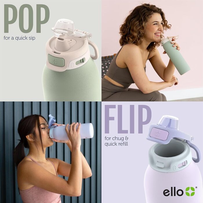 Еко-пляшка Ello Pop & Fill з нержавіючої сталі, подвійна вакуумна ізоляція, швидке наповнення, герметична кришка, термос-чашка, багаторазова, BPA Free