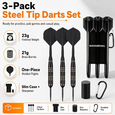 Набір сталевих дротиків Steeldarts (3 шт) з латунними барелями 23г, сталевими голками, футляром та заточувачем для сизалевих мішеней
