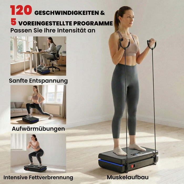 Віброплатформа з 120 рівнями інтенсивності, 5 програмами, LED-підсвіткою, гумовими амортизаторами та ременями опору