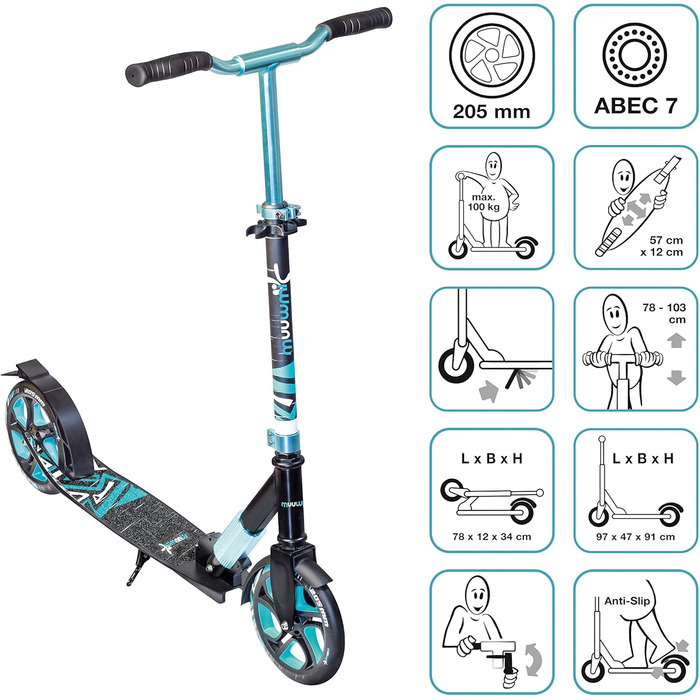 Самокат трюковий muuwmi Aluminium Scooter Deluxe 205 мм ABEC 7, регульована висота, для дітей та дорослих, сертифікат GS, бірюзовий