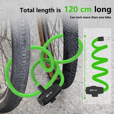 Замок для велосипеда 120см/12мм, високий рівень безпеки, кабельне спіральне кільце з 2 ключами, анти-крадіжка, для велосипеда, триколісного велосипеда, мотоцикла, скутера (зелений)