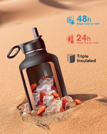 Термос-бутилка Coolflask 2 л з трубочкою і 3 кришками, ізольована спортивна пляшка з нержавіючої сталі, подвійний захист від протікання, чорна і сіра для спорту чи офісу