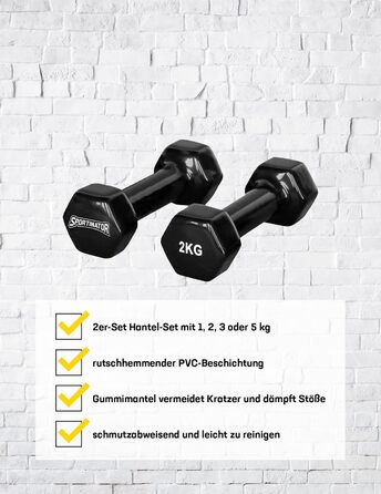 SPORTINATOR Гантелі 2 шт. по 2 кг, шестигранні, чорні, для дому та спортзалу, унісекс, силові тренування