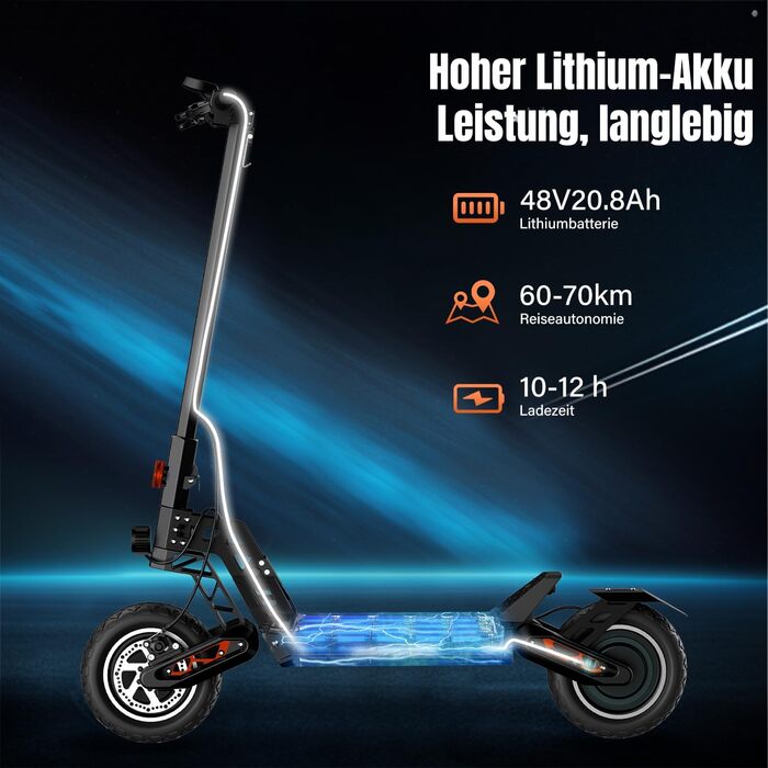 Електросамокат TODIMART S13, 48V 20.8Ah, 800W*2, 40-90 км, 10'' позашляхові колеса, вантажопідйомність 150 кг, подвійна підвіска, складаний, запуск з ключа