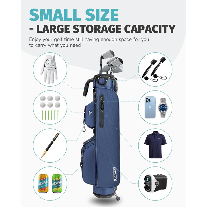 Сумка для гольфу Findway, легка та портативна, з підставкою, 3 відділення, регульований плечовий ремінь, 5 кишень, ручка, для чоловіків та жінок, блакитна