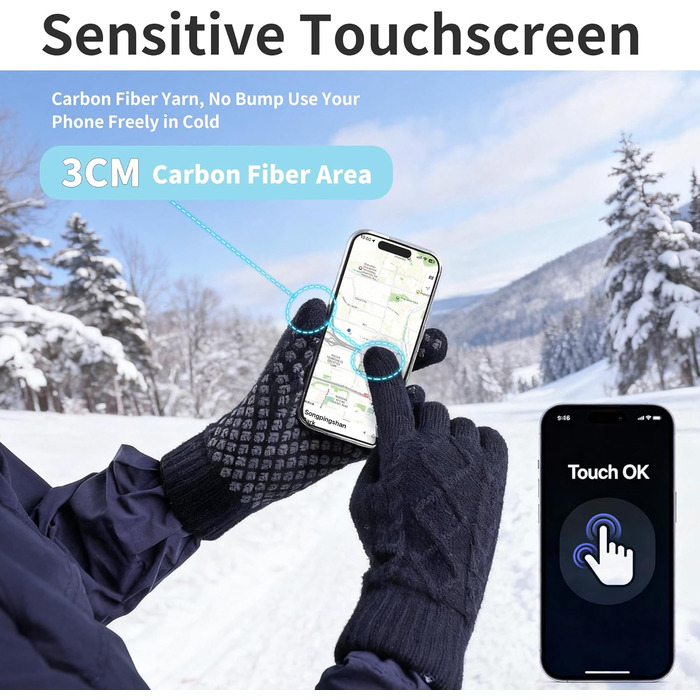 Зимові рукавички Origem для чоловіків та жінок. Теплі рукавички з вовни з підкладкою з флісу, сенсорні, для спорту та активного відпочинку. Чорний колір.