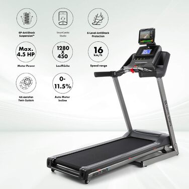 Біговий тренажер CAPITAL SPORTS Infinity Track - 5 PS, з вбудованими динаміками та датчиком пульсу, 36 програм, складний, сірий