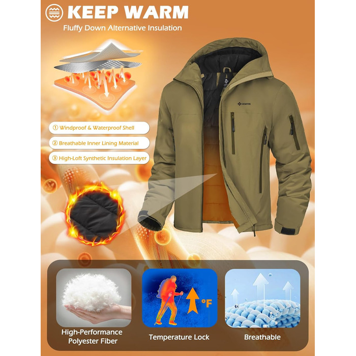 Чоловіча зимова куртка GEYSE: водонепроникна, з капюшоном та інтегрованими підтяжками. Ідеальна для сноубордингу, хайкінгу та активного відпочинку. Колір: Areegrün (пісково-сірий), розмір S