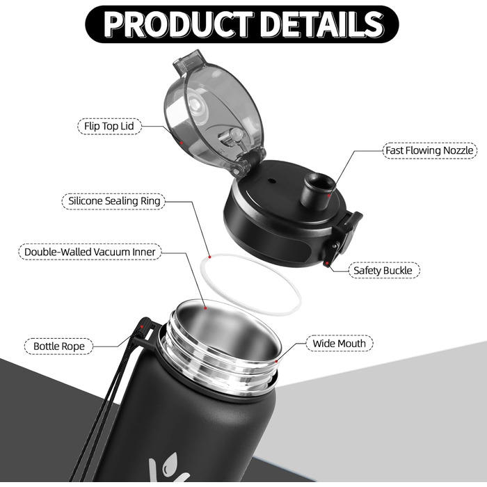 Термопляшка Vikaster 500 мл, нержавіюча сталь, без BPA, для спорту, подорожей та фітнесу, чорно-винна