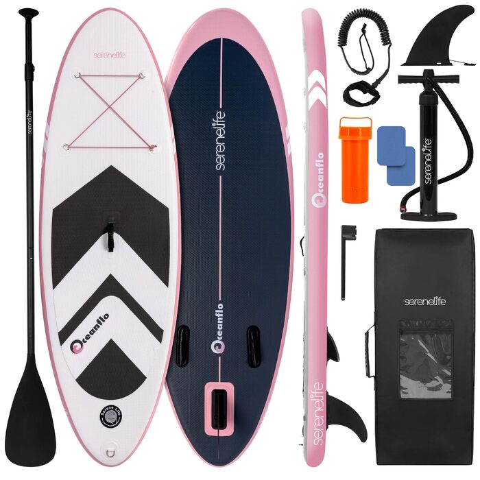 SUP дошка SereneLife надувна з аксесуарами, рожева - для моря, річки, йоги та відпочинку