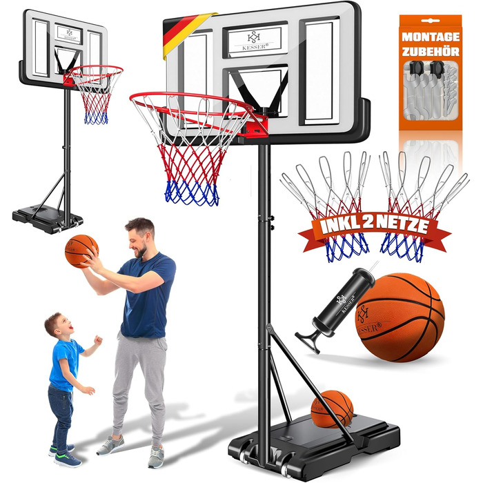 Баскетбольний кошик KESSER® Outdoor зі стійкою та колесами. В комплекті 2 сітки, м'яч та насос. Регульована висота 230-305 см. Підходить для дітей та дорослих.