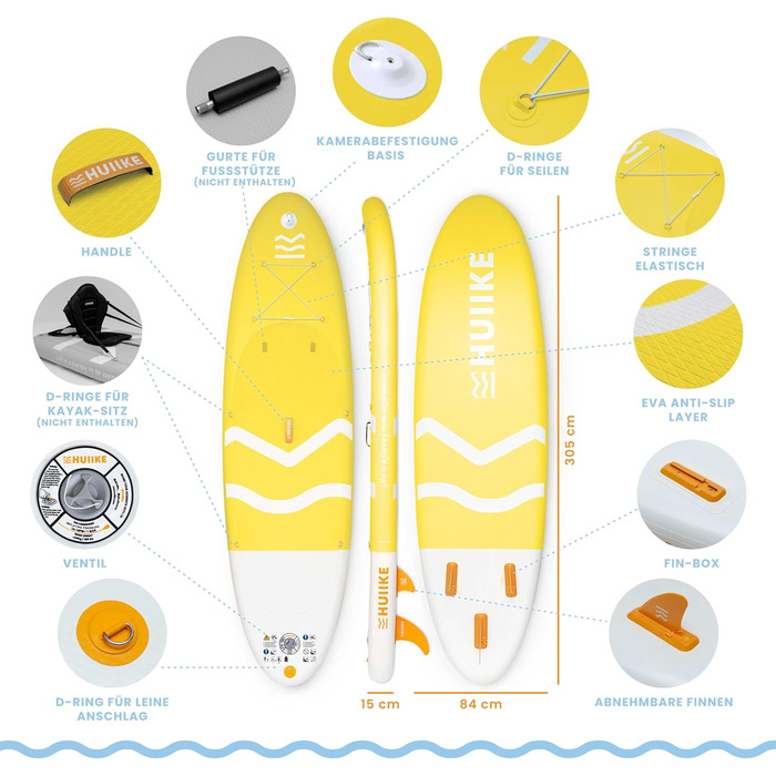 Надувний SUP-борд HUIIKE Stand Up Paddling Board з аксесуарами: весло, фіни, насос. Стабільний та міцний надувний SUP-борд 305x84x15 см, до 130 кг (Enjoyer Yellow - Essential)