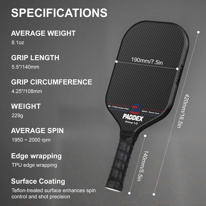 Професійний ракетковий пристрій для піклболу з вуглецевого волокна, 16 мм Power-PP серцевина, схвалений USAPA