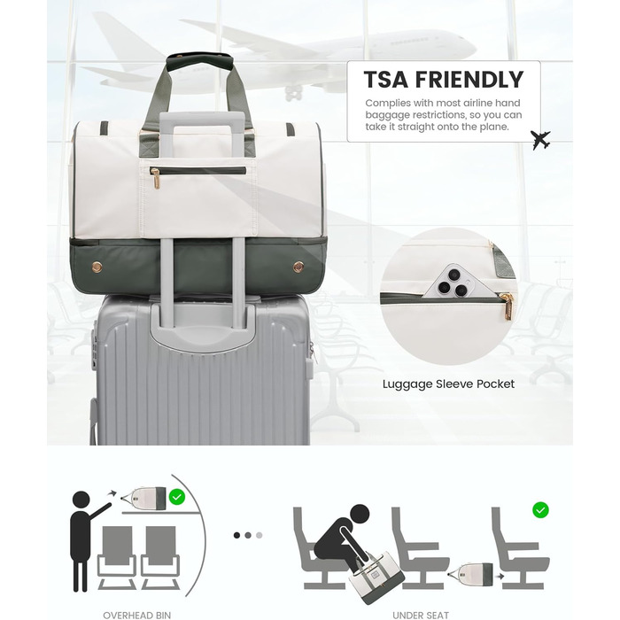 Сумка-валіза LOVEVOOK 37L для подорожей та спортзалу, водонепроникна, з відділенням для взуття та мокрих речей, зелено-бежева