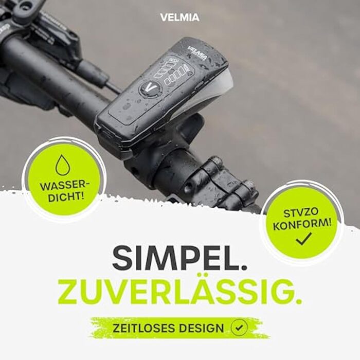Велофара Velmia: комплект ліхтарів StVZO з USB-живленням та 8,5 годин роботи | LED, водонепроникний, перезаряджається | Фронтальний + задній ліхтар (70 Lux)