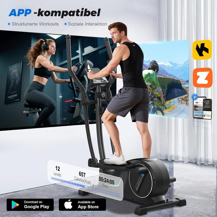 Еліптичний тренажер Neezee для дому: тихий, з 16 рівнями опору, 8 кг маховиком, LCD-дисплеєм (Bluetooth), до 150 кг, чорний