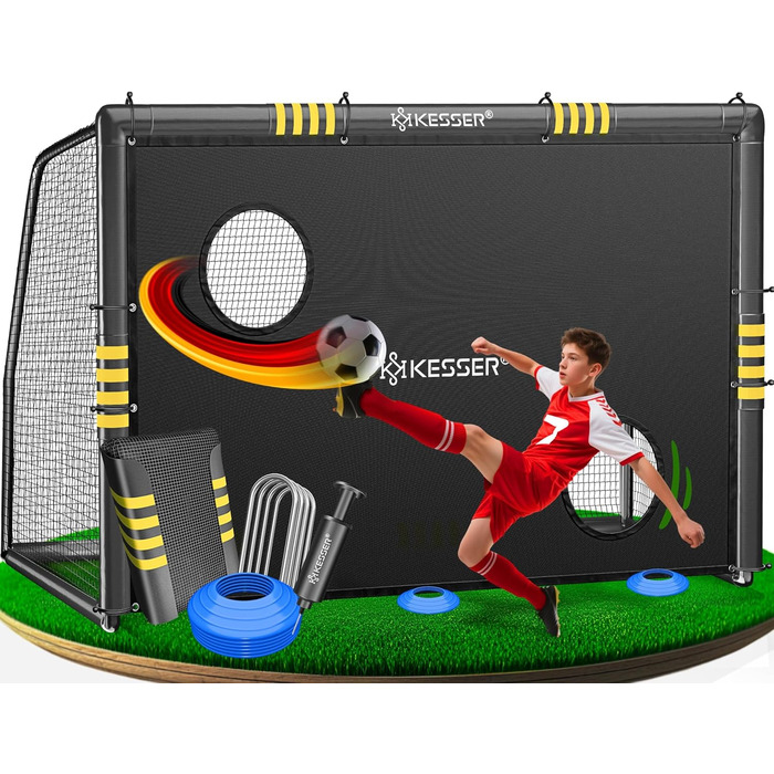 Ворота для футболу KESSER® для саду: міцні, для тренувань, з UV-стійкою сіткою, сталевий каркас з підкладкою, земляні анкери, повітряний насос, фішки, монтажні аксесуари для дітей та дорослих 180 см - з ворітною рамою антрацитового кольору
