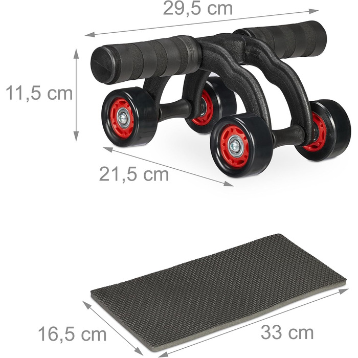 Ролер для пресу Relaxdays з 4 колесами, тренажер для дому, для жінок та чоловіків, чорний/червоний