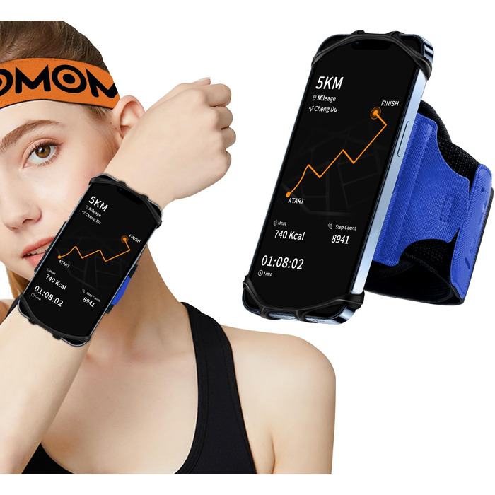 HLOMOM Спортивний браслет для телефону, 360° обертовий, знімний, для бігу, сумісний з iPhone 16/15/14/13/12/Pro/Pro Max/XS/XR/X/8/7/6/Plus та іншими смартфонами 4,5-7 дюймів, синій