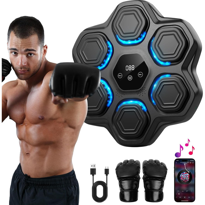 Музична боксівська машина Beatpunch LED з боксерськими рукавичками. Smart боксівська машина для дому, чорна. Підходить для дорослих та дітей.