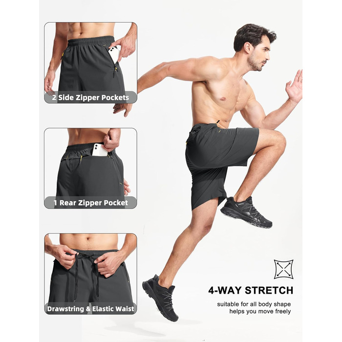 Шорти спортивні чоловічі MAGCOMSEN, шорти для тренувань, туризму та фітнесу, швидковисихаючі, з кишенями на блискавці (темно-сірий, 36)