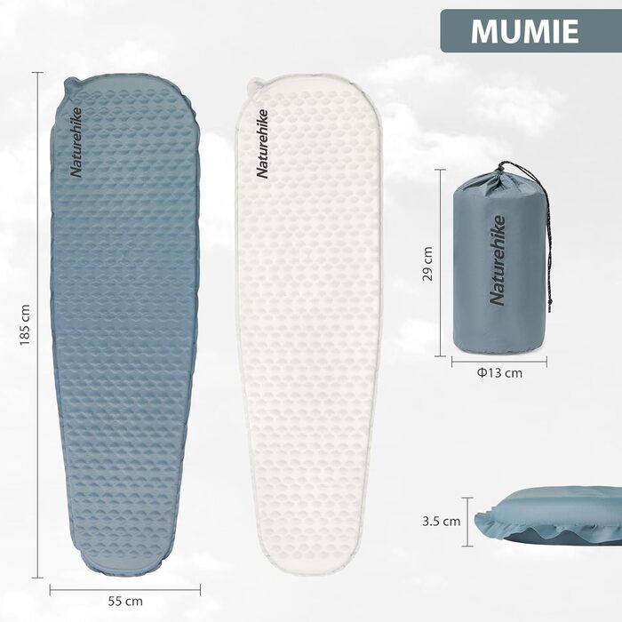 Кемпінговий килимок Naturehike надувний, самонадувний, 3 см, сірий (Mumie-Grey) - для кемпінгу, подорожей, туризму