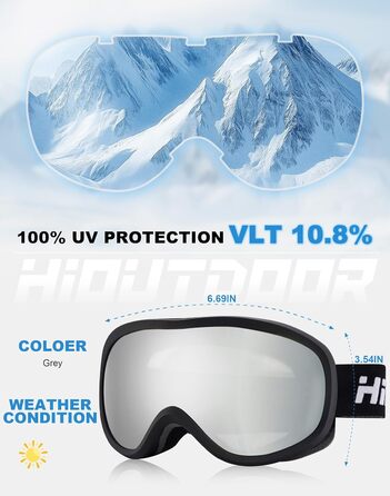 Окуляри для сноуборду та гірськолижного спорту Hioutdoor з антизапітніючою поверхнею, 100% захистом від УФ-випромінювання, OTG, сумісні зі шоломом, подвійні лінзи, м'які вставки з піни. Колір: білий/синій або чорний/сірий