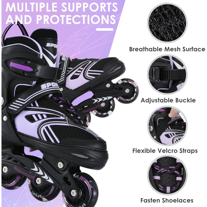 Інлайнерожі TOSHOO, ролики для дітей та дорослих, LED-колеса, регульовані розміри, ролики для катання, ролики для дівчаток та хлопчиків (S, фіолетовий)