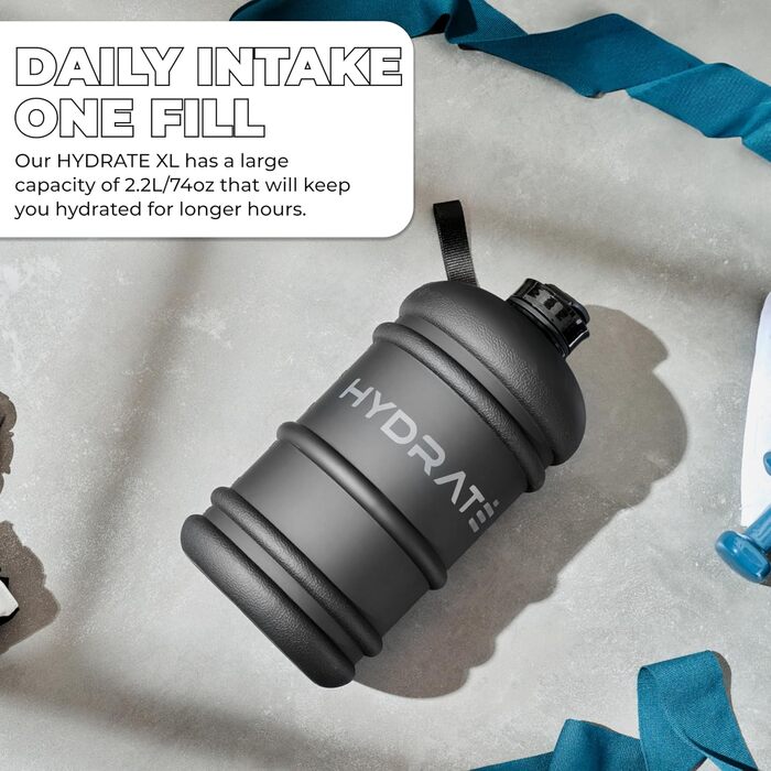 Фляга для води HYDRATE XL 2,2 л - Ідеальна для спортзалу, спорту та подорожей, без витоку, BPA-free, надміцна, фляга для тренувань або джумбо-фляга (Матова Чорна, 2188 мл)