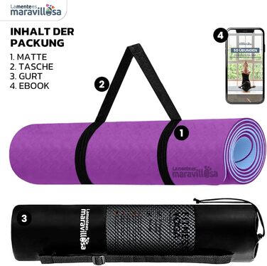 Килимок для гімнастики та йоги LA MENTE ES MARAVILLOSA, антиковзаючий, TPE, 183x61 см, з сумкою та інструкцією, для фітнесу, пілатесу, захист суглобів, фіолетовий + синій