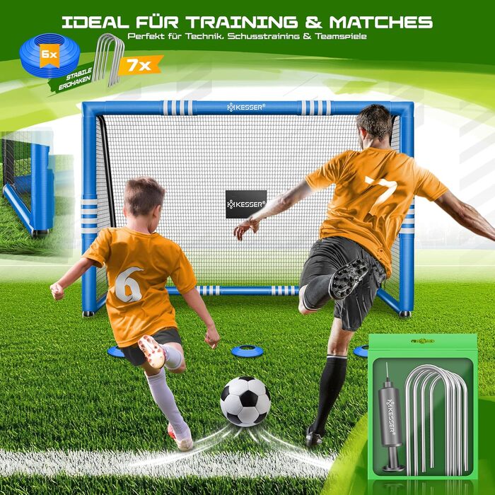 Ворота для футболу KESSER® для саду, 240 см, міцні, для тренувань, з UV-стійким сіткою, сталевий каркас з підкладкою, фіксатори для землі, насос, конуси, аксесуари для монтажу, для дітей та дорослих, блакитні