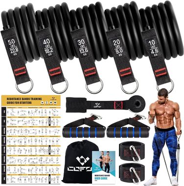 Набір еластичних стрічок для фітнесу, 5 шт. (150lbs), з ручками та кріпленням для дверей, для пілатесу та силових тренувань, чорний