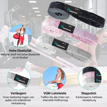 Набір з 3 еластичних стрічок для фітнесу - антиковзкі, дихаючі та еластичні - стрічки для м'язів, йоги, пілатесу та тренувань всього тіла - миються, довговічні та з сумкою. Довгі фітнес-стрічки з марочним дизайном.