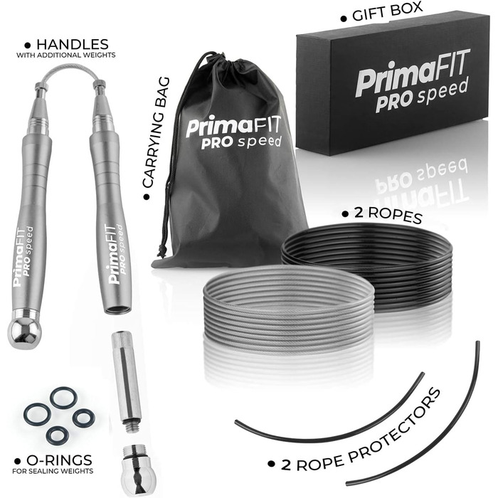 Скакалка PrimaFIT для дорослих 3м, професійна, регульована, з вагами, 2 підшипники, антиковзкі ручки, для боксу, MMA, кросфіту, сталевий трос, з сумкою, срібляста