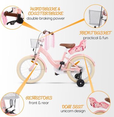 Дитячий велосипед Dolly 14 дюймів для дівчаток 3-5 років | Зручна збірка | З додатковими колесами | Розмір одягу 98-108 см | Рожевий колір