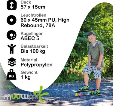 Скейтборд Muuwmi Fun - Дошка 57x15 см, Підшипники ABEC 5, PU Колеса 60x45 мм, Чорний