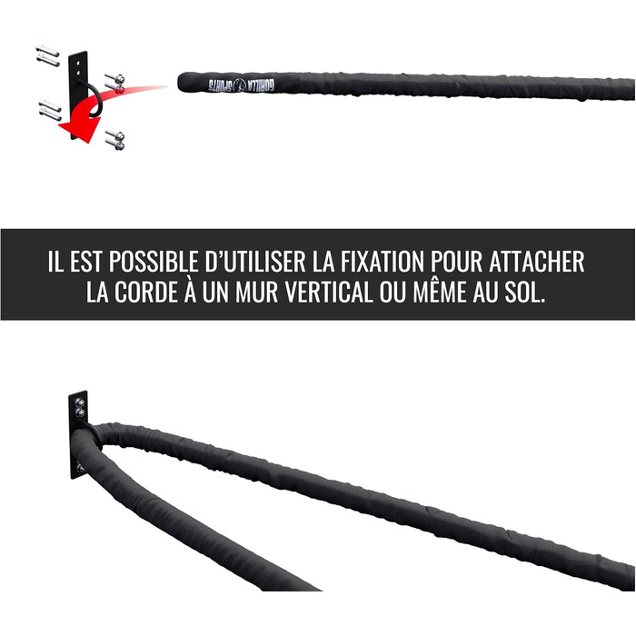 Тренувальний бойовий канат GORILLA SPORTS® - 9м/12м/15м, діаметр 38мм/50мм, з кріпленням, нейлон, чорний. Для силових тренувань, розвитку м'язів.