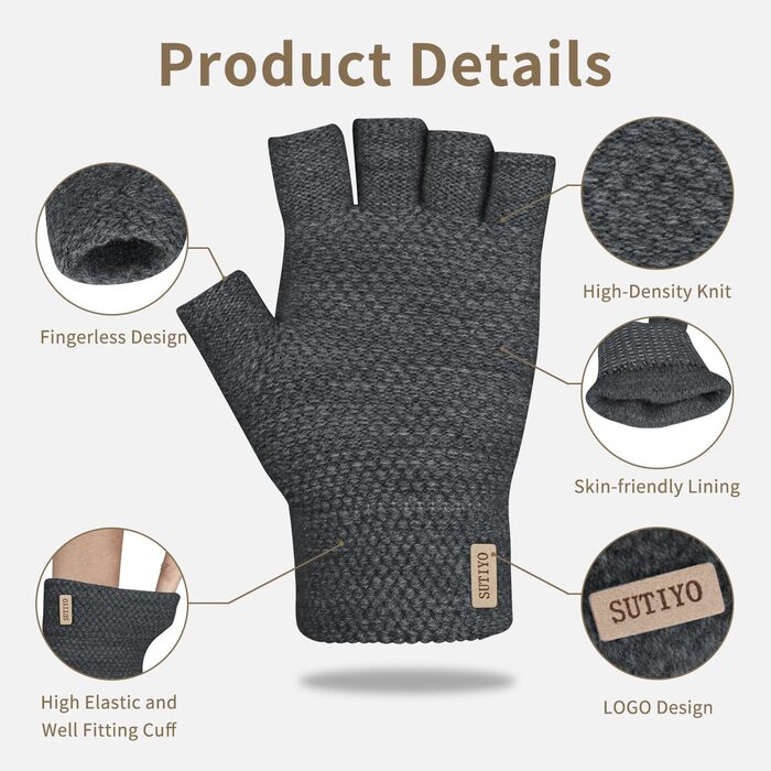 Кашемірові рукавички без пальців SUTIYO для чоловіків та жінок, теплі рукавички без пальців для водіння, їзди на велосипеді, спорту (темно-сірий)
