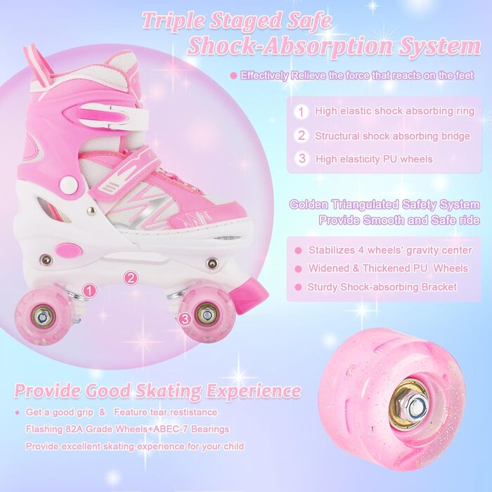 Роликові ковзани дитячі DUZSKJ для хлопчиків та дівчаток, регульовані, з підсвіткою, 4 розміри, рожевий колір