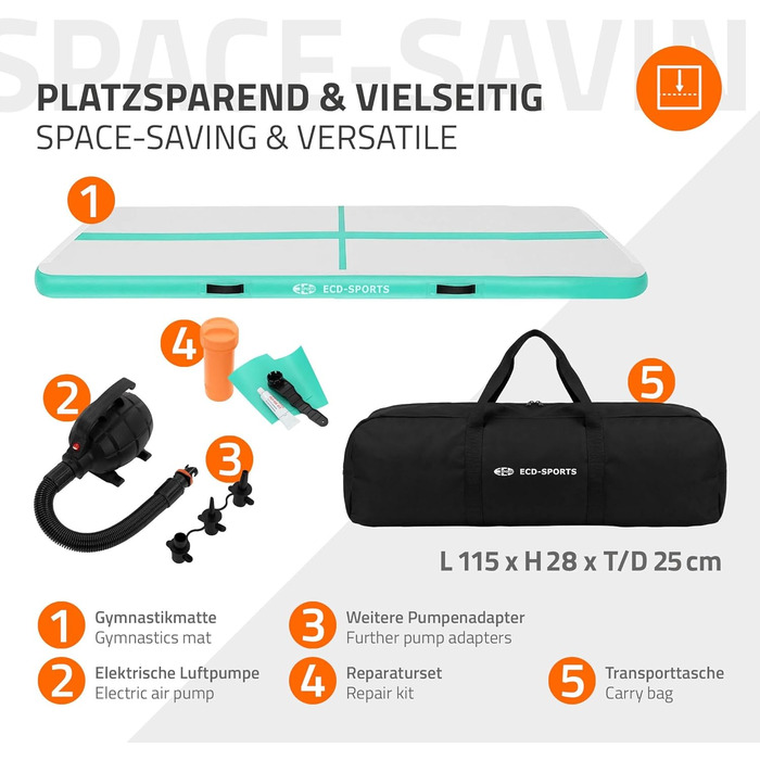 Надувний гімнастичний мат Airtrack ECD Germany для тамблінгу та фітнесу, 300 x 100 x 10 см, м'ятно-зелений (з електричним насосом та сумкою)