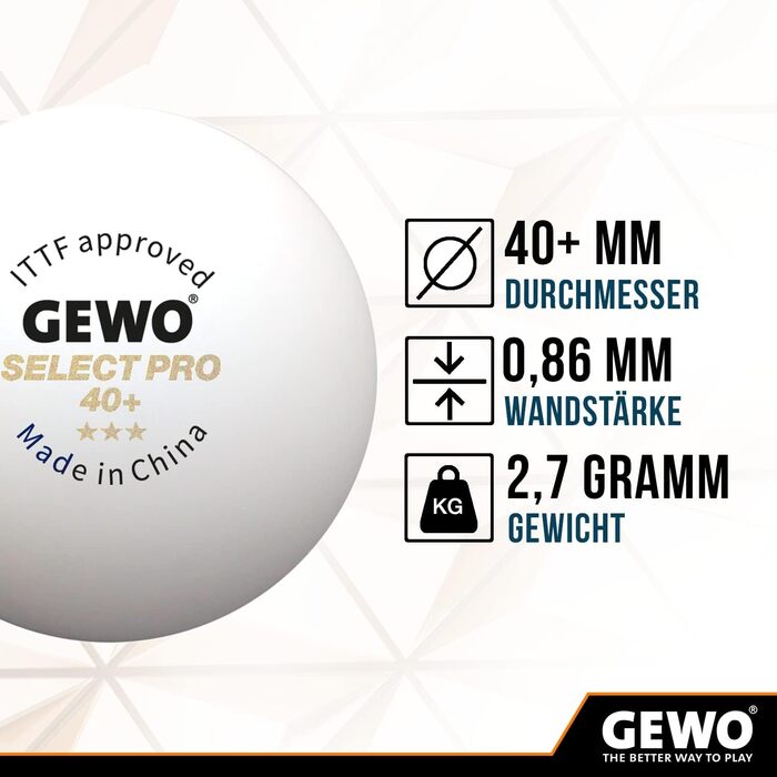 GEWO Select PRO тенісні м'ячі для настільного тенісу 3 зірки, пластикові 40+ мм зшиті, ITTF сертифіковані, білі, професійні, 3 шт.