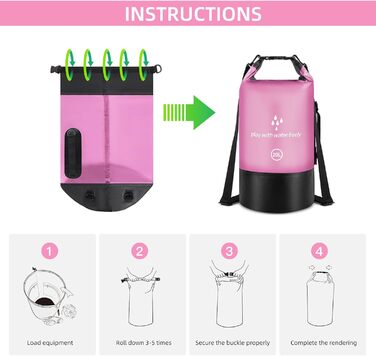 Водонепроникний сухий мішок GES 20 л Roll-Top з кишенею для телефону - для каякінгу, човнів, походів, рафтингу, плавання, кемпінгу та риболовлі (Рожевий)