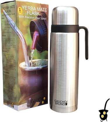 Термос Gaucho Bruno Yerba Mate, 1 л, з ручкою і точним носиком, нержавіюча сталь, для гарячих і холодних напоїв