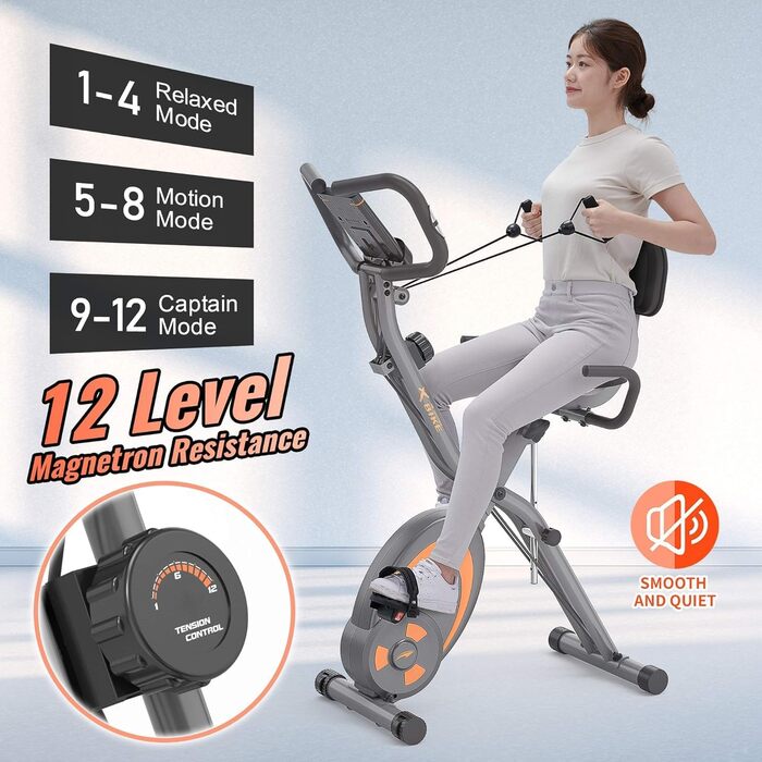 Leikefitness Складне велотренажер з еспандерами, датчиком пульсу та LCD-дисплеєм, сірий (2280)