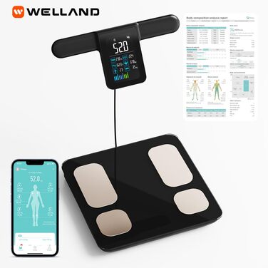 Fitdays Вага для аналізу тіла Smart з 8 електродів - точна цифрова вага BMI з Bluetooth, 20+ показників, синхронізація для 6 користувачів