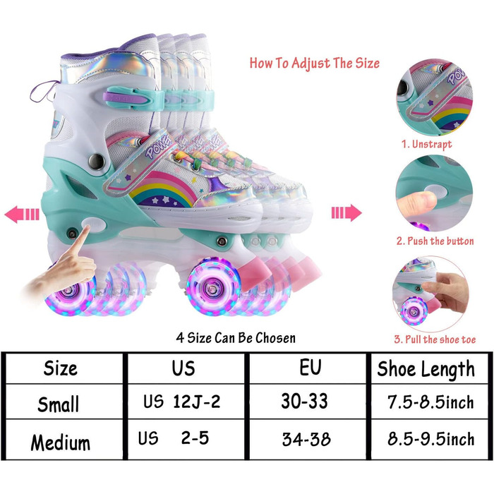 Роликові ковзани Sumeber для дітей з підсвічуванням, зручні та дихаючі, Quad Skates для дівчаток (Rouge, M(35-38))