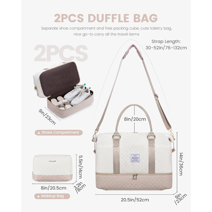 Спортивна сумка LOVEVOOK для жінок з відділенням для взуття, ручна поклажа, сумка для подорожей, вікенд, дуфл, сумка для подорожей, ручна поклажа, клінічна сумка, набір для пологів, для спортзалу, пляжу, сауни, кемпінгу, XL, 2 шт., Бежевий, Ніжний рожевий