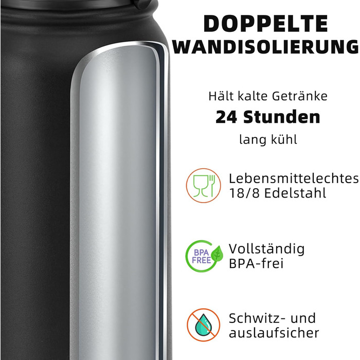 Фанхав 600 мл, ізольована спортивна пляшка для води з трубочкою, чорна, для школи, дітей, чоловіків та жінок